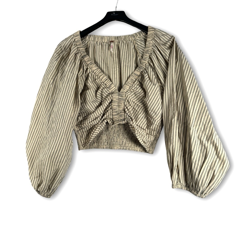 Free People Womens Abbue Striped Ruched Crop Shirt Top Sz M Medium